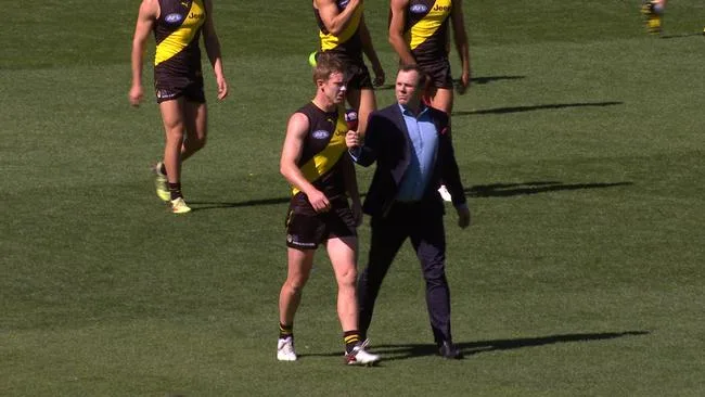 David King & Jack Riewoldt claim an umpire "50m" and "70m" away paid a free kick. Vision shows the umpire much closer.