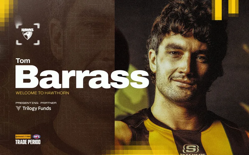 Hardwick loses his mind after Barrass recieves a 50m penalty due to player confusion over who is on the mark. Barrass kicks his first goal as a Hawk as a result